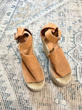 Marc Fisher Tan Leather Espadrille Wedge Sandals with Ankle Strap